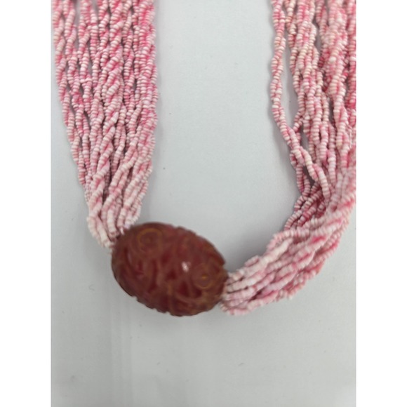 Vintage Multi-Strand Pink & White Seed Bead Necklace with Carved Cinnabar Focal - Picture 5 of 9